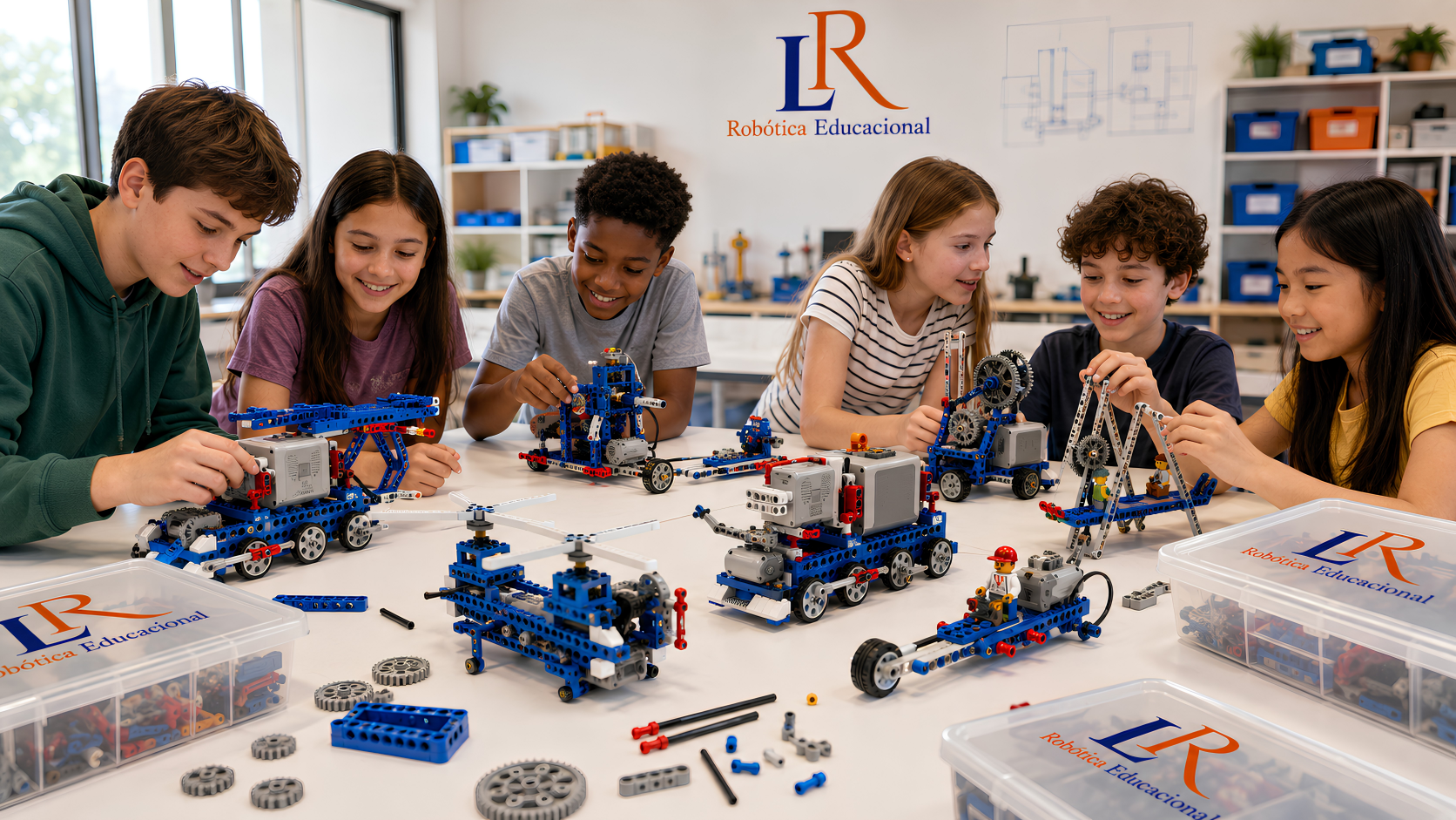 Estudantes construindo protótipos com as peças azuis, brancas e cinzas dos Kits LR, com caixas organizadoras e manuais sobre a mesa