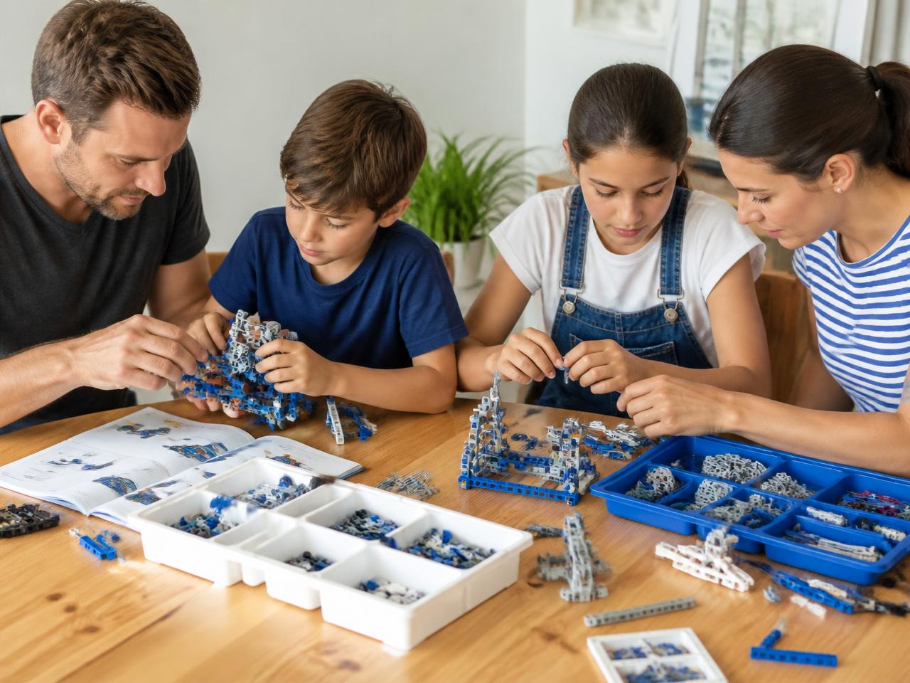 Pais e filhos construindo juntos protótipos de Engenharia e Mecânica com os Kits LR sobre a mesa durante uma Oficina LR
